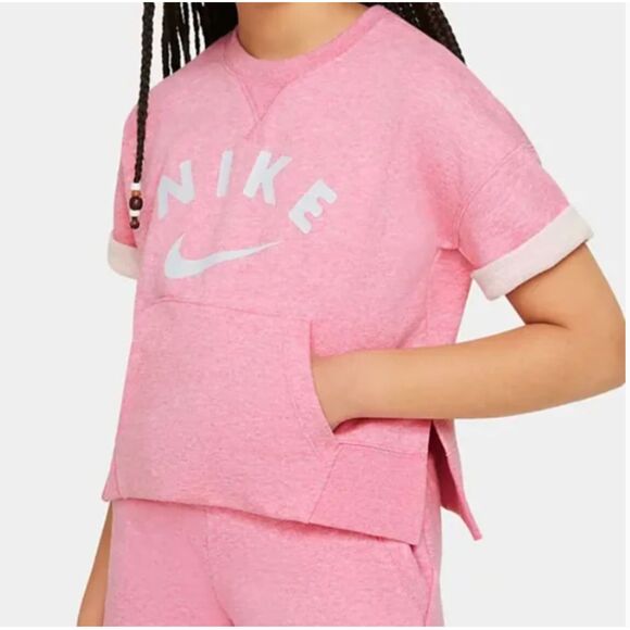 Nike Girls Sportswear Crew‎ Short Sleeve Sweatshirt Magic Flamingo Pink Size XL - Picture 1 of 5